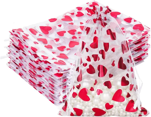 Vista 11 de G2PLUS - Bolsas de organza de corazón, 50 bolsas de regalo con cordón transparente de 4 x 6 pulgadas Pink Mesh Bags with Gold Foil Hearts for