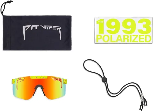 Vista 7 de Pit Viper Las gafas de sol originales de 1993 polarizadas con lentes de arco iris de ajuste estrecho, Yelow con salpicadura rosa y púrpura