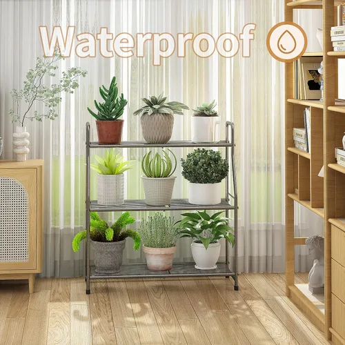 Vista 4 de Simple Trending Soporte para plantas al aire libre e interior, estante de metal impermeable de 3 niveles para sala de estar, balcón y jardín