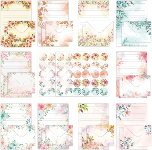Vista 7 de Juego de 160 paquetes de papel de papelería (50 papeles de escritura de papelería de una sola cara, 50 sobres a juego), 60 calcomanías de puntos