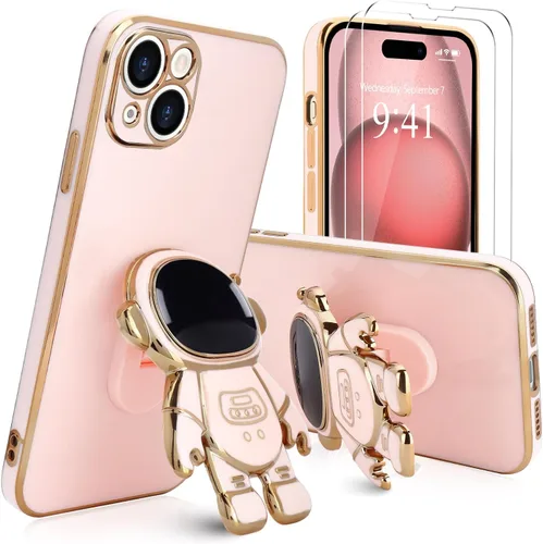 Vista 31 de Pepmune - Funda para iPhone 15 con soporte de astronauta 3D, color negro [2 Screen Protector], Luxury Electroplated Soft TPU Cover with Kickstand
