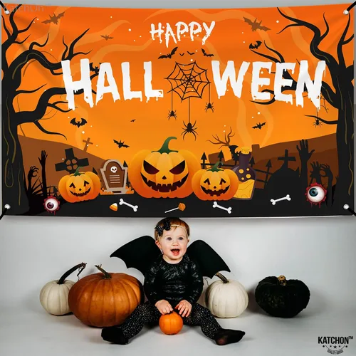 Vista 7 de KatchOn Pancarta extragrande de Feliz Halloween, 72 x 44 pulgadas, telón de fondo espeluznante, decoraciones de fiesta naranja y negro, pancarta