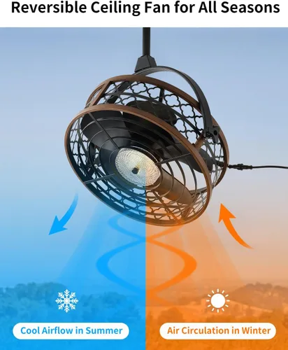 Vista 3 de Ventilador de techo para exteriores con luz, ventilador de techo impermeable con clasificación IP55 con cabezal inclinable y cable de enchufe