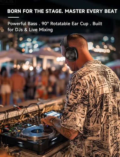 Vista 3 de AOC Auriculares Bluetooth sobre la oreja, monitor de estudio inalámbrico y auriculares DJ mezcladores con tiempo de reproducción de 72 horas, Negro