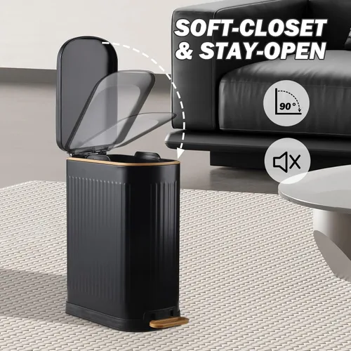 Vista 5 de SYNCVIBE Cubo de basura delgado para baño con tapa de acero inoxidable, bote de basura con cierre suave, cubo de basura con pedal con cubo