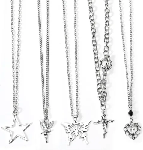 Vista 10 de Juego de 10 piezas de collar Y2k para mujer, accesorios góticos grunge, collares de joyería, cruz gótica, espinas de hadas, ángel gótico, corazón