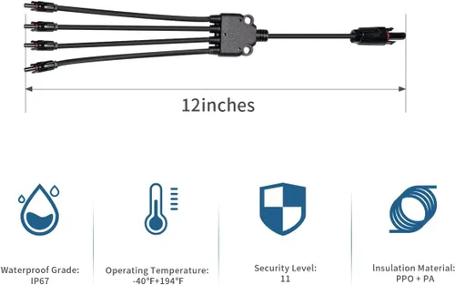Vista 5 de ELFCULB Conector de panel solar, conectores solares Cable adaptador paralelo de rama Y, 12 pulgadas, 1 macho a 4 hembras (M/FFFF) y 1 hembra a 4