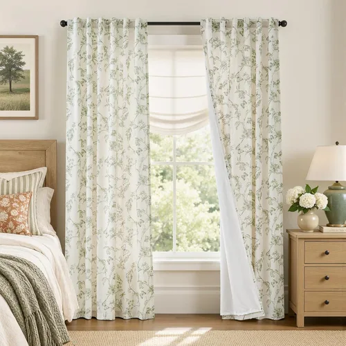 Vista 21 de Lazzzy Cortinas de lino floral verde con bolsillo para barra de granja, 50 Charlotte Verde