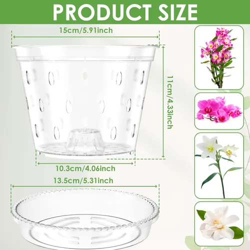 Vista 4 de UKQRRTC 5 macetas de orquídeas para trasplantar, macetas de orquídeas ranuradas transparentes con agujeros y platillos, maceta de plástico