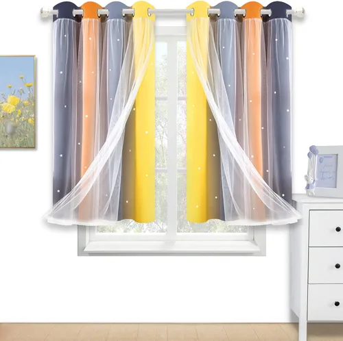 Vista 17 de Cortinas opacas con recorte de estrellas y arcoíris para guardería/habitación de niños/niñas, con superposición de tul, 2 paneles, cada una de 52