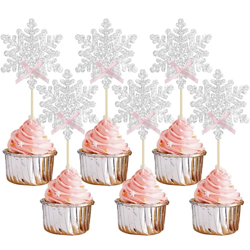 Vista 15 de Gyufise 24 adornos de copos de nieve Oh Baby para cupcakes con purpurina azul, decoración de pastel de baby shower congelado para baby shower