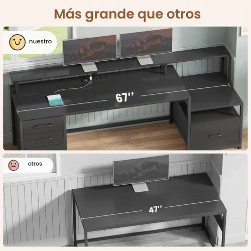 Vista 5 de SEDETA Escritorio para computadora con 5 cajones, toma de corriente, luces Negro con luces LED