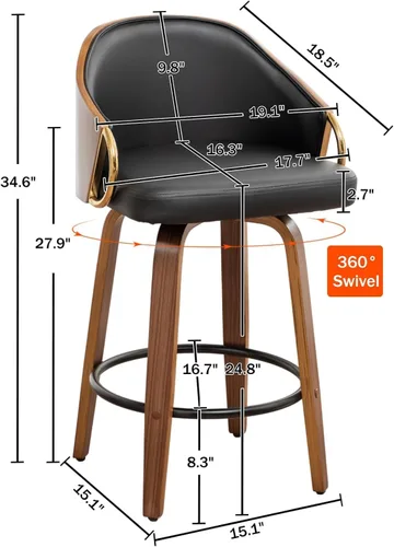 Vista 2 de Taburetes de bar giratorios de 24.8 pulgadas, taburetes de bar de cuero negro, sillas de bar modernas de mediados de siglo con patas de madera