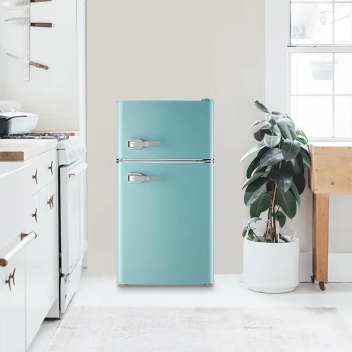 Vista 6 de WANAI Mini Refrigerador Compacto Pequeño con Congelador, Mini Refrigerador Retro con Doble Puerta, 7 Termostato Ajustable, Estantes Ajustables Para