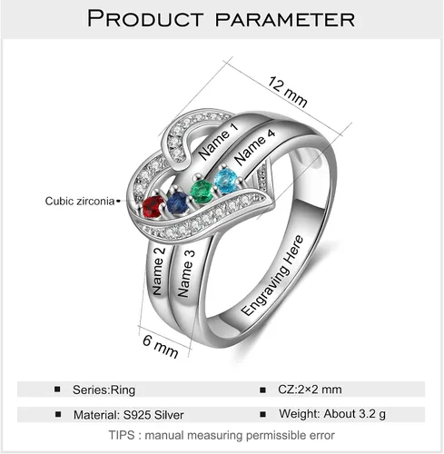 Vista 3 de Anillos de aniversario con nombres personalizados para mujer, joyería de plata de ley con 1-8 piedras natales de imitación, anillo de promesa