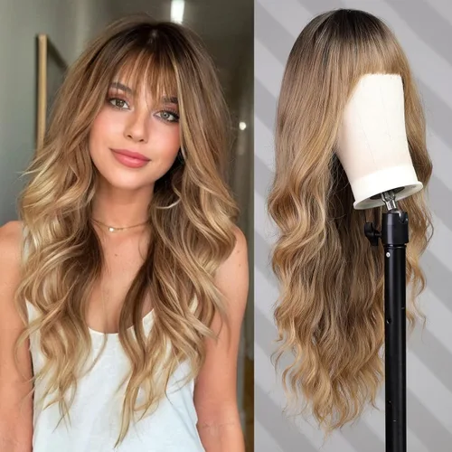 Vista 11 de Pelucas rubias cenizas para mujer, peluca larga recta en capas con flequillo, cabello sintético natural con raíces oscuras