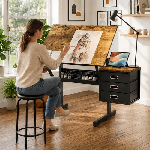 Vista 10 de Mesa de dibujo ajustable con 3 cajones y taburete, color negro sólido