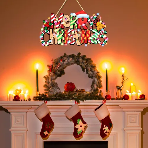 Vista 9 de Letrero de puerta con texto en inglés "Merry Christmas", decoración de árbol de Navidad, adorno de madera para colgar cabina de fotos con cuerdas