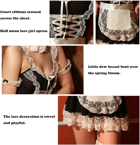 Vista 3 de Lencería sexy de sirvienta francesa para mujer vestido de babydoll delantal de peluche traje de cosplay Lolita