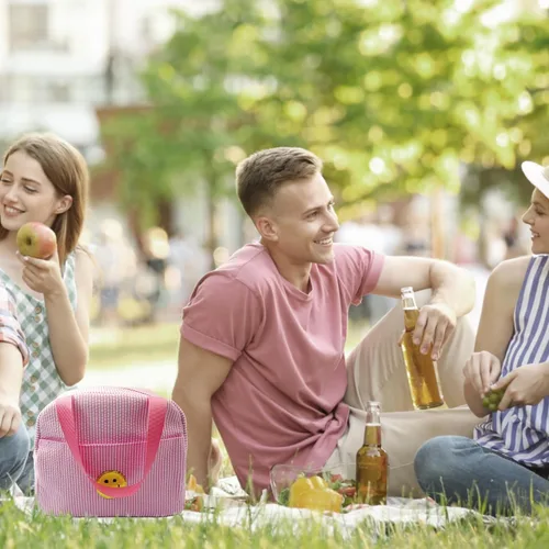 Vista 2 de Lonchera para mujeres, niñas y hombres, lindas bolsas de felpilla con cara sonriente, reutilizable, aislada, gran capacidad, reutilizable, aislada