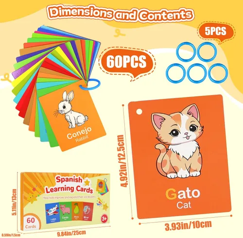 Vista 2 de Tarjetas didácticas de aprendizaje de español para niños pequeños, 60 tarjetas bilingües de doble cara para números, colores, formas, palabras