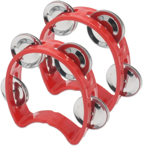 Vista 5 de Paquete de 4 panderetas de mano de percusión de plástico con 4 cascabeles, mini instrumentos de ritmo en 4 colores para práctica, ensayo