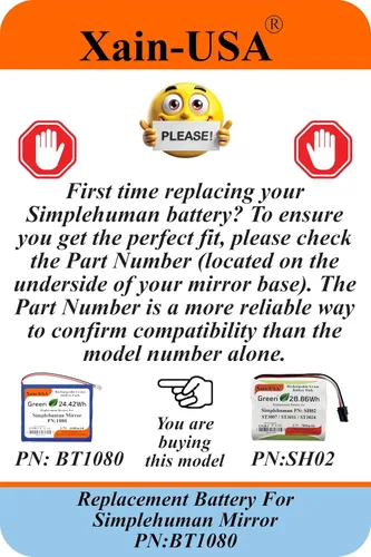 Vista 3 de Batería de repuesto PN: BT1080 para espejos Simplehuman (ST3024 ST3026 ST3027 ST3028), 3.7V 6600mAh, (por favor) Verifique el número de pieza BT1080