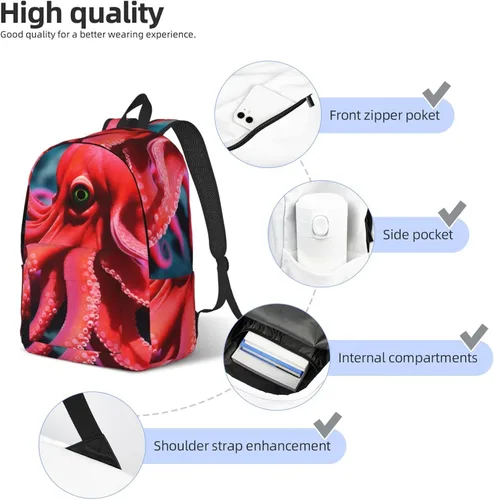 Vista 5 de Mochila brillante de la decoración de la Navidad Mochila casual ligera Mochila de lona multiusos con compartimento para portátil, pulpo rojo