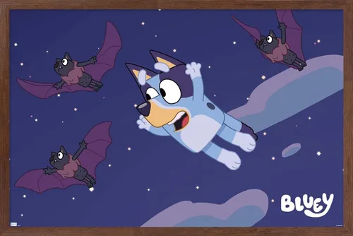 Vista 10 de Bluey - Póster de pared de murciélagos, 22.4 pulgadas de largo x 14.7 pulgadas de ancho, versión enmarcada de madera de granero