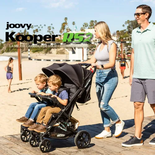 Vista 2 de Joovy Kooper RS2 - Cochecito doble ligero de viaje con bandejas dobles para aperitivos, plegado con una sola mano, asientos reclinables
