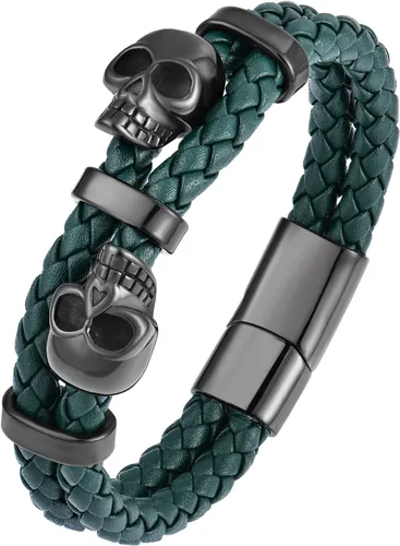 Vista 18 de Pulsera de Cuero de Doble Fila con Calavera para Hombre, Pulsera Trenzada con Calavera Negra o Plateada para Hombre, Joyería Punk Masculina