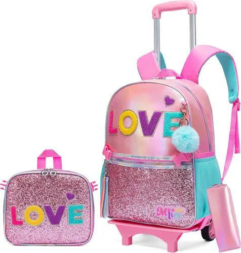 Vista 8 de Mochila con ruedas para niñas, mochila escolar con ruedas, bolsa escolar con bolsa de almuerzo y bolsa para lápices, mochila con ruedas para niños