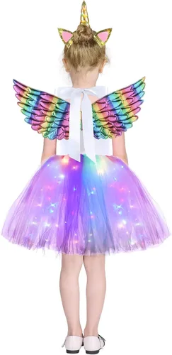 Vista 2 de Sequin LED Light Up Unicorn Custome for 4-10Y Girls Birthday Gifts Outfit Unicorn Tutu Dress with Headband and Wings
