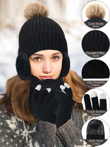 Vista 3 de Conjunto de 5 piezas de gorro y guantes de invierno para mujer, gorro de punto para excursión de esquí, gorro de pompón, calentador de orejas