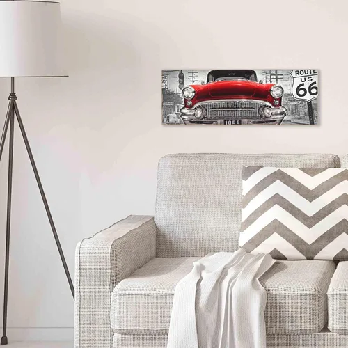 Vista 5 de Red Classic Car Route 66 Retro Wood Wall Decor – Arte de pared de coche clásico grande para hombre cueva, garaje o sala de estar Rojo