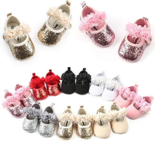 Vista 2 de myppgg Zapatos planos Mary Jane para bebé niña, con lazo brillante, vestido de princesa, zapatos de cuna antideslizantes para niños pequeños que