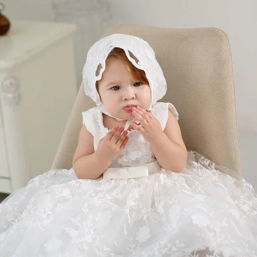 Vista 8 de CareCheer Sleeveless Ivory Long Baby Girl Christening Baptism Dress Flower Girl Dedication Blessing Gown