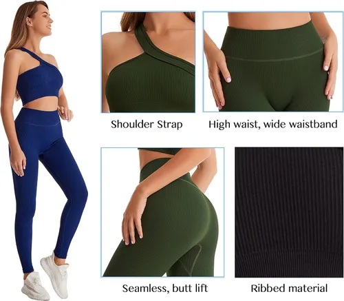 Vista 4 de Yknktstc Conjuntos de entrenamiento para mujer, brasier deportivo acanalado sin costuras, traje de 2 piezas, cintura alta, gimnasio, yoga, leggings