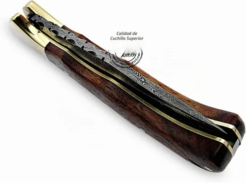 Vista 5 de Cuchillo de bolsillo de damasco hecho a mano de madera de rosa, plegable, cuchillo de caza, cuchillos plegables para hombres con mango de madera