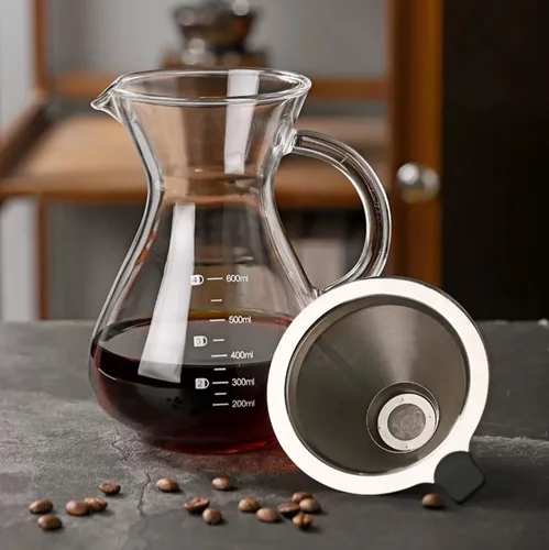 Vista 7 de Cafetera vertida, jarra de vidrio de borosilicato de 20 onzas (20.3 fl oz), filtro de acero inoxidable reutilizable, gotero sin papel