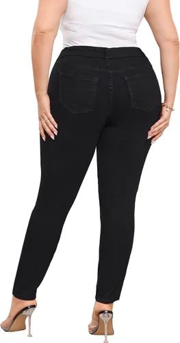 Vista 4 de KISSPLUS Pantalones de mezclilla ajustados de talla grande para mujer, cintura alta, lápiz de cintura alta, elásticos, pantalones de mezclilla