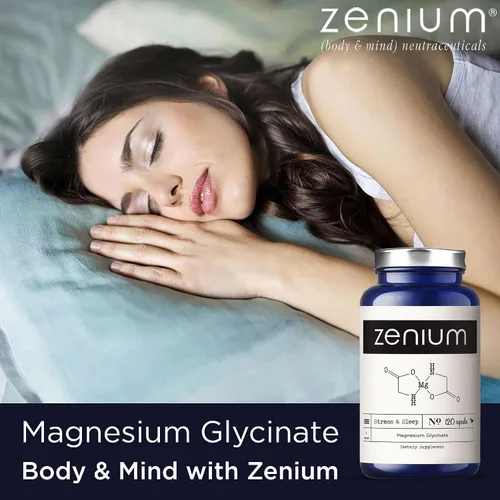 Vista 2 de Zenium - Glicinato de magnesio para dormir, 120 cápsulas, 400 mg por porción Quelatado y de alta absorción Alivia el estrés, la tensión