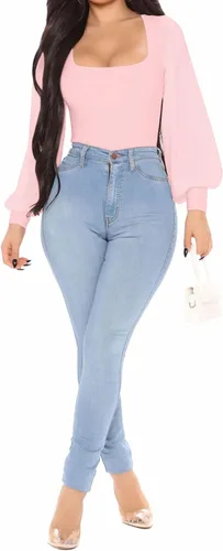 Vista 4 de JORASOB Enterizo de manga larga con cuello cuadrado para mujer, manga linterna, color liso
