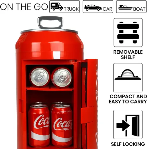 Vista 5 de Coca Cola Mini Refrigerador - Refrigerador para Dormitorio, Oficina, Enfriador de Bebidas Portátil de Mesa, Refrigerador de 12V 220V para Bebidas
