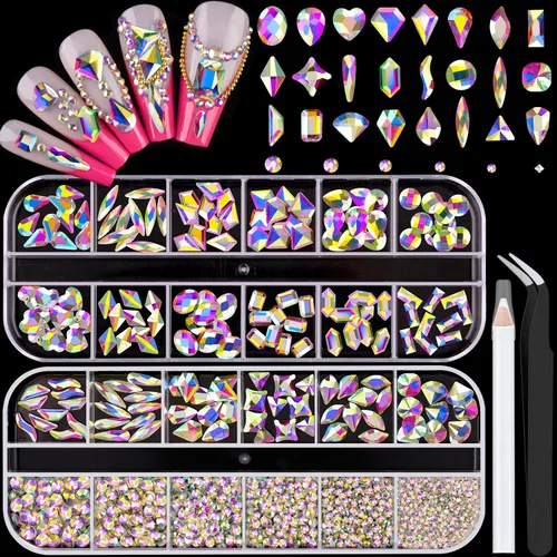 Vista 18 de Kit de pedrería para uñas BELLEBOOST, 15ml de pegamento de gel con strass + gemas coloridas + cristales de vidrio flatback AB y gemas transparentes