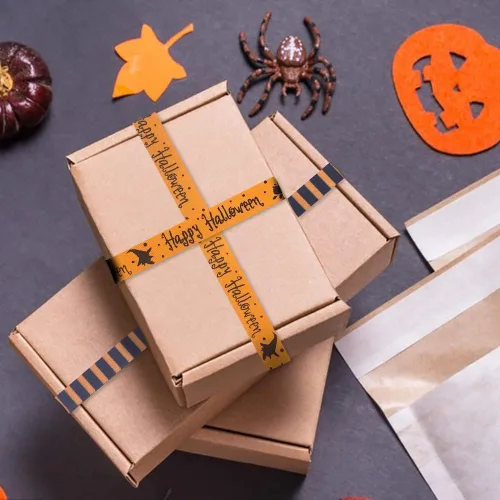 Vista 4 de 4 rollos de cintas de grogrén de 20 yardas, estampado de calabaza de Halloween, tela de araña satinada, rayas negras y naranjas, cintas de envoltura