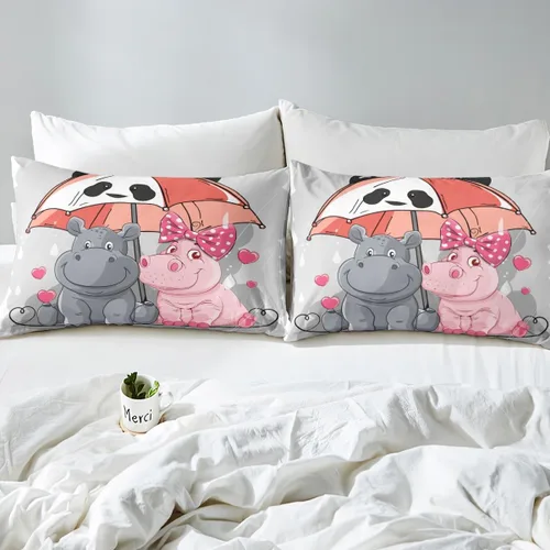 Vista 4 de Erosebridal Juego de ropa de cama de hipopótamo de dibujos animados Kawaii Panda Umbrella para niños y niños, lindas sábanas de cama para amantes
