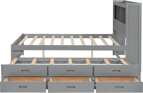 Vista 8 de Polibi Cama de plataforma de tamaño matrimonial con nido individual, marco de cama de madera de pino con almacenamiento, estantería, cajones y Gris