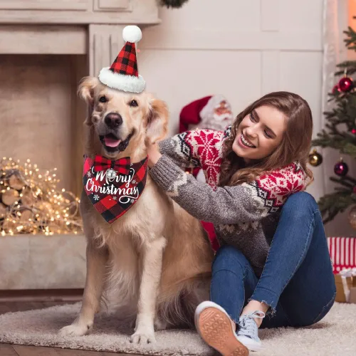 Vista 7 de DULEFUN - 3 disfraces de Navidad para perro, diseño clásico de búfalo a cuadros Dog's Christmas Outfit Clothes Bandana Hat Bowtie Scarf Kerchief