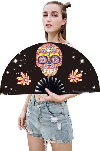 Vista 2 de Abanico grande plegable de mano para baile de línea, abanico de clic para botas en el suelo, para baile, fiesta, decoración, festival (Alien)